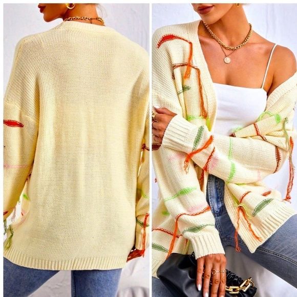 NWT! STRIPED PATTERN FRINGE DROP SHOULDER OPEN FRONT CARDIGAN IN CREAM! - Picture 10 of 12
